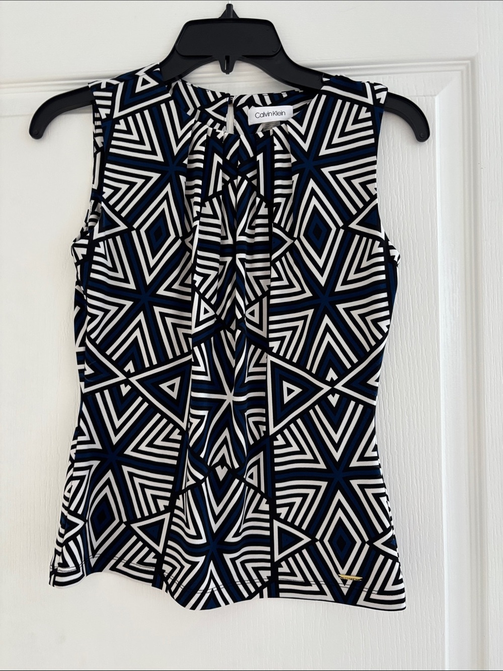 Petite - Calvin Klein Navy White Black Geometric Tie-Front Shell